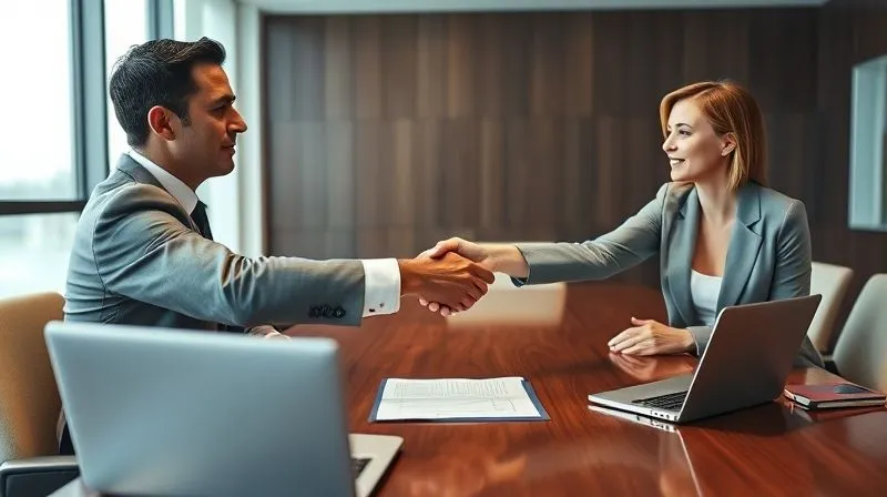 photorealistic, professional photography, 8K, cinematic lighting, sharp focus, depth of field, shot on a high-end DSLR, two maritime lawyers, one male and one female, in a modern, well-lit conference room, shaking hands across a polished wooden table, a stack of legal documents and a laptop visible, signifying a successful negotiation or agreement, with a serious yet resolved expression.
