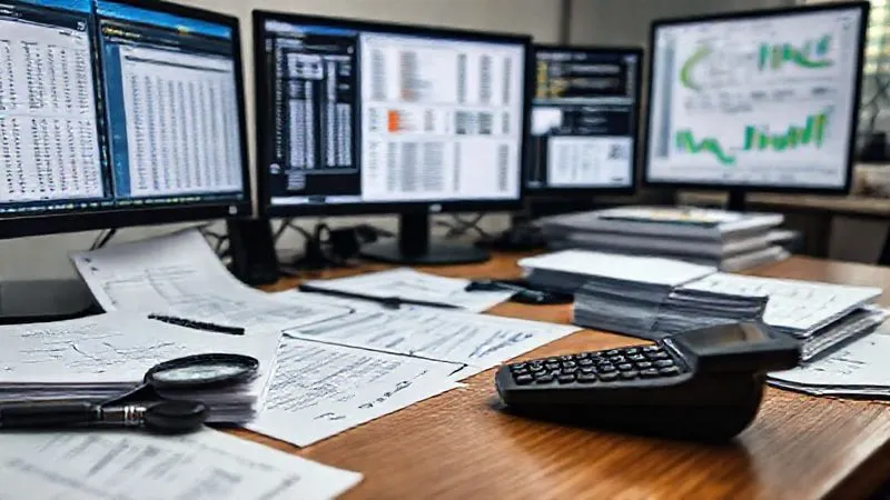 photorealistic, professional photography, 8K, cinematic lighting, sharp focus, depth of field, shot on a high-end DSLR, a close-up of a forensic accountant's desk, with multiple screens displaying complex spreadsheets and financial statements, alongside stacks of international legal documents, a magnifying glass, and a calculator, emphasizing the intricate and detailed nature of asset tracing and valuation.