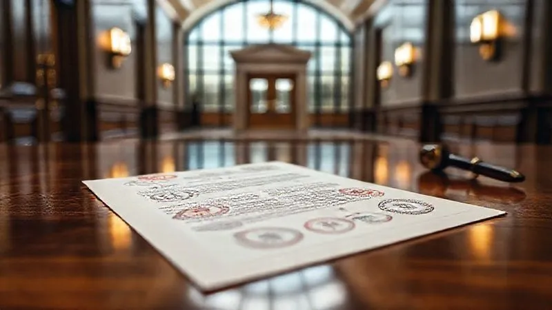 photorealistic, professional photography, 8K, cinematic lighting, sharp focus, depth of field, shot on a high-end DSLR, a close-up of a legal document with multiple international stamps and seals, lying on a polished wooden table, with a blurred background of a modern courthouse hallway, symbolizing the global recognition and enforcement of legal judgments.