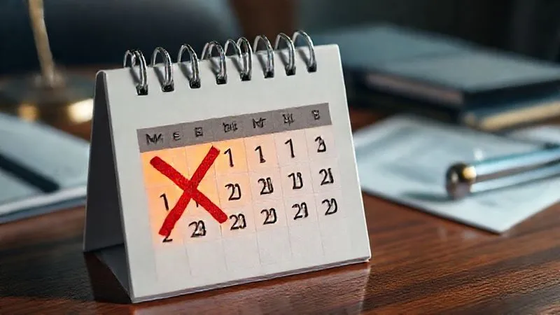 A photorealistic image of a calendar with the last 5 years highlighted, overlaid with a faint red "X" mark, symbolizing the Medicaid look-back period and the pitfalls of unchecked transactions. The calendar is on a polished wooden desk with legal documents, cinematic lighting, sharp focus on the calendar, depth of field blurring the background, 8K hyper-detailed.