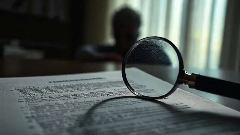 A photorealistic image of a single, intricate legal document with a magnifying glass hovering over complex clauses, emphasizing the detail and complexity of elder law. In the background, a silhouette of a person looks overwhelmed. Cinematic lighting, sharp focus on the document, depth of field blurring the background, 8K hyper-detailed.