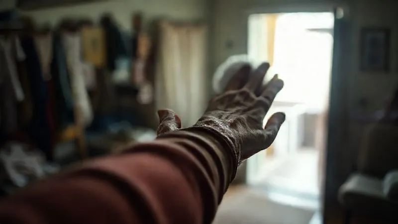 photorealistic, professional photography, 8K, cinematic lighting, sharp focus, depth of field, shot on a high-end DSLR, a compassionate hand gently guiding an elderly person away from a dimly lit, chaotic background towards a bright, safe-looking room, symbolizing removal from danger and protection, with a focus on empathy and urgency