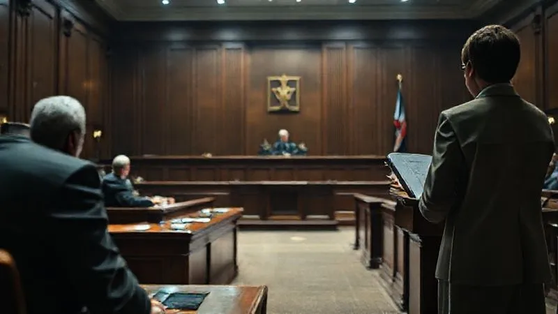 photorealistic, professional photography, 8K, cinematic lighting, sharp focus, depth of field, shot on a high-end DSLR, a solemn courtroom scene with a judge on the bench, a prosecutor presenting evidence, and an empty witness stand in sharp focus, conveying the gravity and formality of legal proceedings, with soft, directional lighting