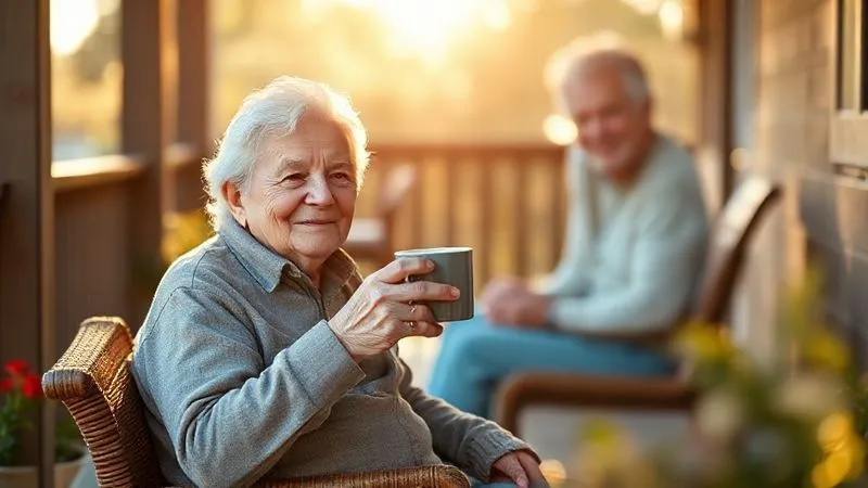 photorealistic, professional photography, 8K, cinematic lighting, sharp focus, depth of field, shot on a high-end DSLR, an elderly person sitting comfortably on a sunlit porch, holding a warm cup, looking peaceful and secure, with a blurred background of a supportive family member in the distance, symbolizing recovery, safety, and long-term well-being