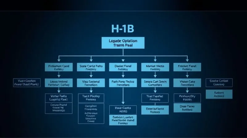 A photorealistic image of a complex legal flowchart or decision tree, with 'H-1B' at the top and various arrows leading to different visa options and green card paths, professional photography, 8K, cinematic lighting, sharp focus, depth of field, shot on a high-end DSLR.