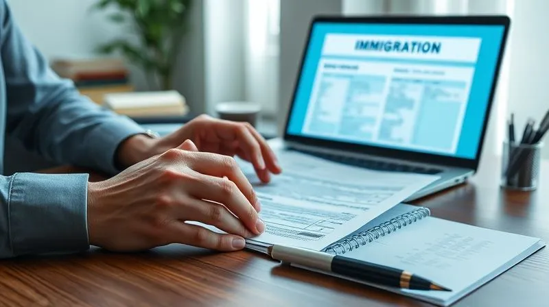 A photorealistic image of a person meticulously organizing legal documents on a desk, a laptop displaying immigration forms in the background, professional photography, 8K, cinematic lighting, sharp focus, depth of field, shot on a high-end DSLR.
