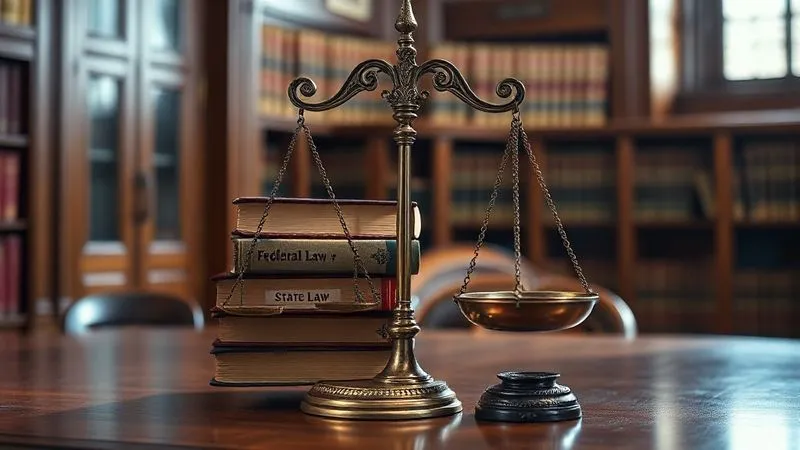 photorealistic, professional photography, 8K, cinematic lighting, sharp focus, depth of field, shot on a high-end DSLR, a detailed, antique legal scale balancing two stacks of law books, one labeled 'Federal Law' and the other 'State Law', with a subtle glow around the 'State Law' side, indicating potentially broader scope. The scene is set in a dignified, wood-paneled law library.