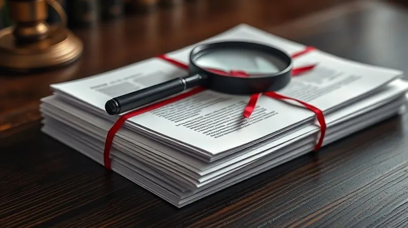 A photorealistic, detailed image of a stack of legal documents tied with a red ribbon, with a magnifying glass resting on top, all on a dark wooden desk. Cinematic lighting, sharp focus on the documents, depth of field, 8K hyper-detailed, shot on a high-end DSLR, conveying meticulous review and legal scrutiny.