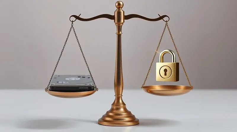 A photorealistic image of a classic set of scales of justice, with one pan holding a digital hard drive and the other holding a glowing padlock icon representing data privacy, balancing perfectly. Cinematic lighting, sharp focus on the scales, depth of field, 8K hyper-detailed, professional photography, shot on a high-end DSLR.