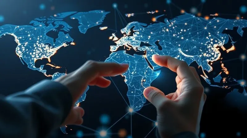 A photorealistic image of a complex, interconnected global network of data pathways, with glowing nodes representing data centers and distinct, secure conduits showing data flowing between continents. A blurred, professional hand is interacting with a holographic interface overlaying the network. Cinematic lighting, sharp focus on the network, depth of field, 8K hyper-detailed, professional photography, shot on a high-end DSLR.