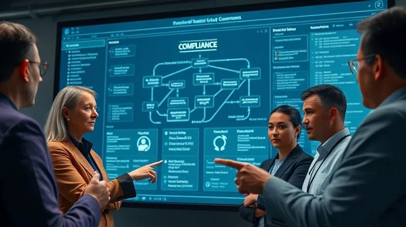 A photorealistic image of a sophisticated digital dashboard displaying a complex compliance flowchart, with interconnected nodes representing legal frameworks, data flows, and risk assessments. A diverse team of legal, IT, and cybersecurity professionals are collaborating around the screen, pointing at different sections with serious, focused expressions. Cinematic lighting, sharp focus on the dashboard and team, depth of field, 8K hyper-detailed, professional photography, shot on a high-end DSLR.