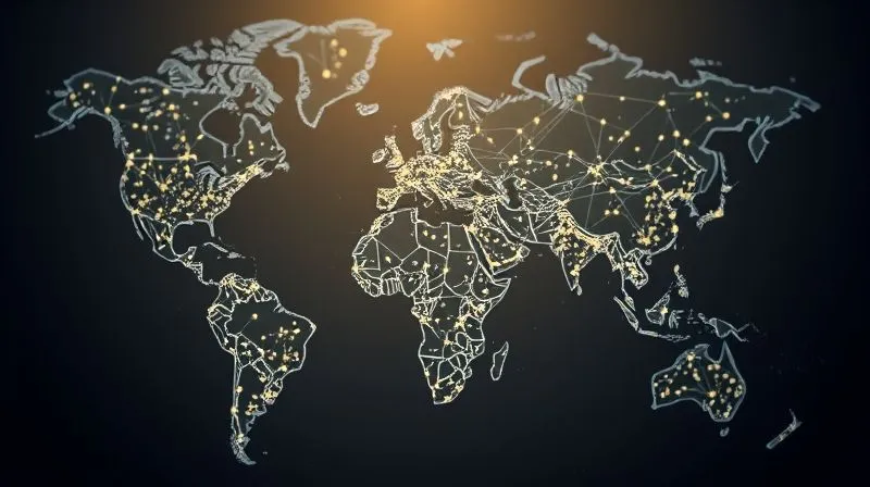 A photorealistic, professional image of a complex, interconnected web of glowing lines and nodes representing global AI regulations and legal frameworks, superimposed over a faint world map. Cinematic lighting, sharp focus, depth of field, 8K hyper-detailed, shot on a high-end DSLR.