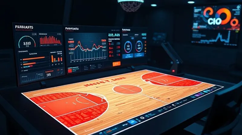 A photorealistic, high-tech sports analytics dashboard displaying intricate data visualizations – heatmaps on a basketball court, dynamic player statistics, and predictive models, all rendered with a sleek, futuristic interface. The screen glows softly in a dimly lit control room. Cinematic lighting, sharp focus, depth of field. 8K hyper-detailed, professional photography.