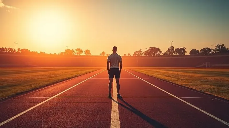 A photorealistic image of a lone athlete standing at a crossroads on a track or field, looking determinedly towards a path illuminated by a warm, golden light, symbolizing integrity and ethical decision-making. The other path is shrouded in soft shadows. Cinematic lighting, sharp focus, depth of field. 8K hyper-detailed, professional photography.
