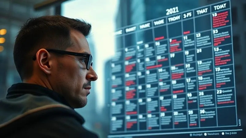 A photorealistic image of a tech professional looking intently at a digital calendar projected with complex, overlapping immigration timelines and deadlines, with a sense of urgency and determination. Cinematic lighting, sharp focus on the person and the calendar, 8K, depth of field blurring a background of city skyscrapers, shot on a high-end DSLR.