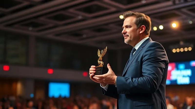 A photorealistic image of a diverse tech professional, mid-thirties, receiving a prestigious industry award on a stage, with a subtle glow of recognition. The background shows a modern conference hall, cinematic lighting highlighting the award and the individual, sharp focus, 8K, depth of field blurring the audience, shot on a high-end DSLR.