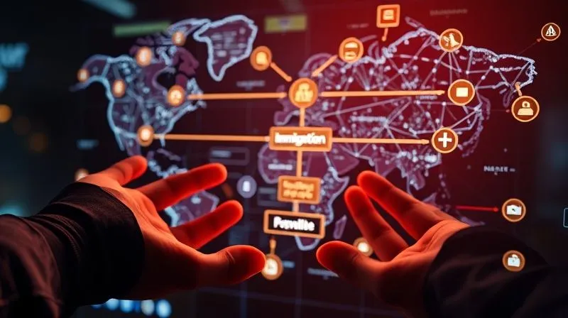 A photorealistic, professional photography, 8K, cinematic lighting, sharp focus, depth of field, shot on a high-end DSLR. A detailed, glowing digital flowchart representing complex immigration pathways, with two distinct paths merging into a single, faster route. Hands are subtly interacting with the digital display, symbolizing strategic navigation and problem-solving. The atmosphere is one of clarity and focused expertise.