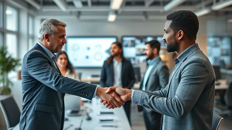 A photorealistic, professional photography, 8K, cinematic lighting, sharp focus, depth of field, shot on a high-end DSLR. A diverse group of tech professionals in a modern, open-plan office, engaged in collaborative work. In the foreground, a subtle, symbolic handshake between an employer and an employee, with a backdrop of immigration documents and digital screens displaying positive project outcomes. The mood is collaborative, supportive, and forward-looking.