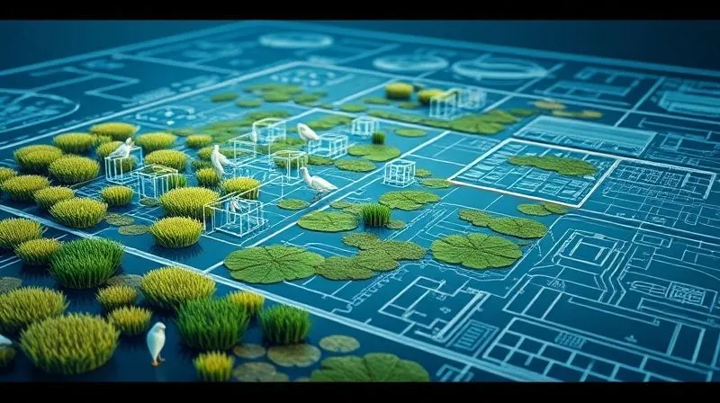 A photorealistic, professional photography, 8K, cinematic lighting, sharp focus, depth of field, shot on a high-end DSLR, showing a detailed blueprint of a proposed development project, with a transparent overlay of a vibrant, healthy ecosystem (e.g., a wetland with birds) indicating successful integration or coexistence, rather than conflict. The blueprint lines are illuminated by a soft, guiding light.
