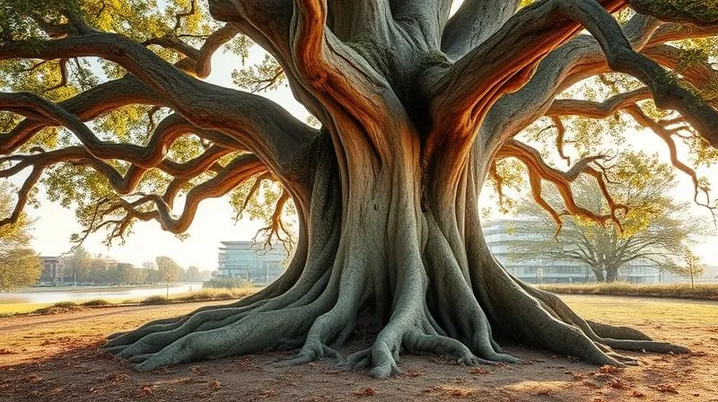 A photorealistic image of a weathered, ancient oak tree with deep roots, symbolizing established conservation law, intertwining with the sleek, modern lines of an architectural rendering, representing a development project. The scene is bathed in a soft, golden light, suggesting a harmonious, balanced resolution. Shot on a high-end DSLR, 8K, cinematic lighting, sharp focus.
