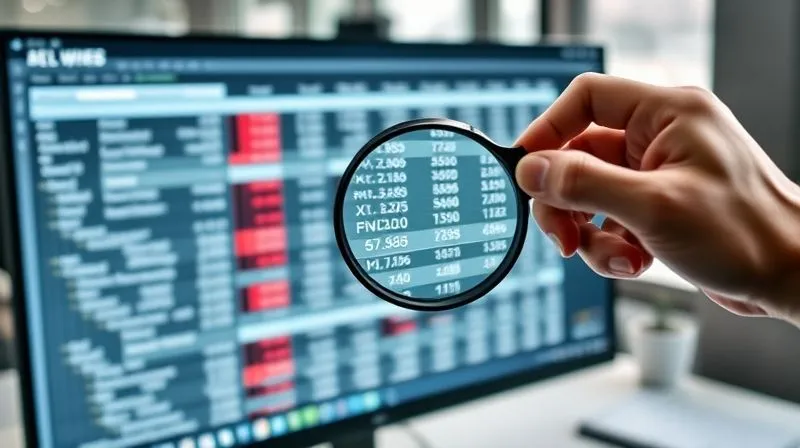 A photorealistic, professional photography, 8K image of a detailed financial spreadsheet displayed on a modern monitor, with a hand holding a magnifying glass over a specific row, highlighting a discrepancy. The scene is well-lit with cinematic lighting, sharp focus on the screen and magnifying glass, depth of field blurring the background of an office environment, shot on a high-end DSLR.