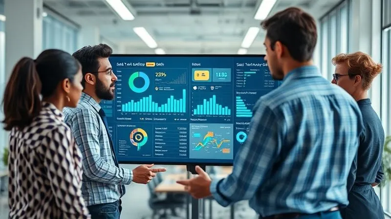 A photorealistic, professional photography, 8K image of a diverse team collaborating around a large digital dashboard displaying sales tax compliance metrics, charts, and real-time data. The scene is set in a modern, well-lit office with cinematic lighting, sharp focus on the team's engaged faces and the screen, depth of field blurring the office background, symbolizing robust internal controls and collaborative problem-solving. Shot on a high-end DSLR.
