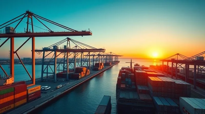 A photorealistic wide shot of a bustling modern port at sunrise, container ships being loaded and unloaded by large cranes, with a clear, vibrant sky. The scene conveys global commerce and interconnected supply chains. 8K, cinematic lighting, sharp focus on the foreground activity, depth of field blurring the distant horizon, professional photography.