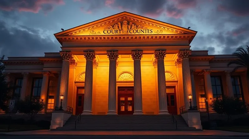 A grand, imposing courthouse exterior at dusk, with classical columns and a sense of gravitas. The entrance is illuminated by warm, cinematic lighting, symbolizing the pursuit of justice. Sharp focus on the architectural details, depth of field blurring the background city lights. Photorealistic, professional photography, 8K, shot on a high-end DSLR.