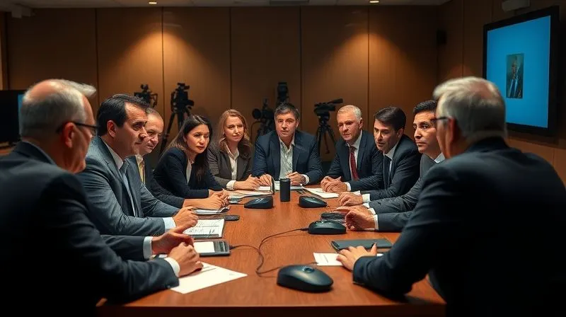 A diverse group of business leaders, legal experts, and civil society representatives engaged in an impassioned discussion around a conference table, with news cameras and microphones subtly in the background. The mood is determined and collaborative, symbolizing a unified front against censorship. Cinematic lighting, sharp focus on the faces, depth of field. Photorealistic, professional photography, 8K, shot on a high-end DSLR.