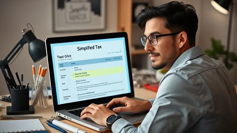 A photorealistic, professional photography, 8K, cinematic lighting, sharp focus, depth of field, shot on a high-end DSLR. Image of a person looking confidently at a laptop screen displaying a simplified tax form with a highlighted home office deduction section, surrounded by modern office tools, conveying ease and clarity in tax preparation.