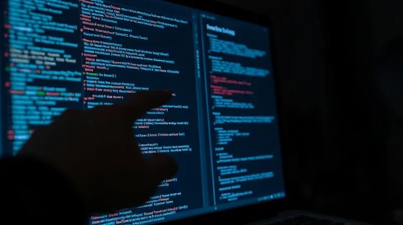 A photorealistic close-up of a computer screen displaying complex code and network diagrams, with a blurred hand pointing at a specific data point. The scene is dark, lit by the glow of the screen, emphasizing deep technical investigation. 8K hyper-detailed, professional photography, shot on a high-end DSLR.