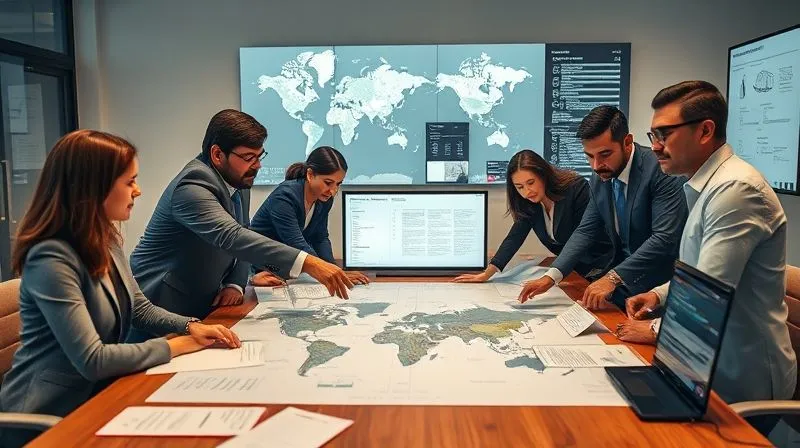 A photorealistic image depicting a diverse group of legal professionals from different backgrounds collaborating around a large table, pointing at a global map and digital screens showing complex legal documents. The atmosphere is serious and focused, with cinematic lighting. 8K hyper-detailed, professional photography, shot on a high-end DSLR.