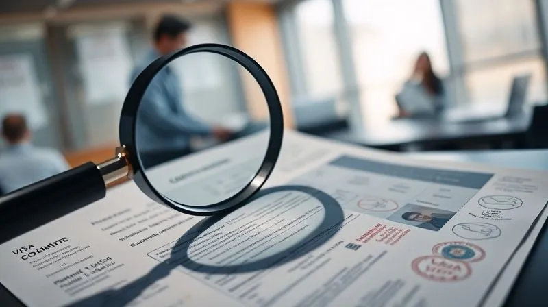 A photorealistic image of a magnifying glass hovering over complex legal documents with visa stamps, casting a shadow. The background shows blurred figures in a government office. Professional photography, 8K, cinematic lighting, sharp focus on the documents, depth of field, shot on a high-end DSLR, conveying intense scrutiny and bureaucracy.