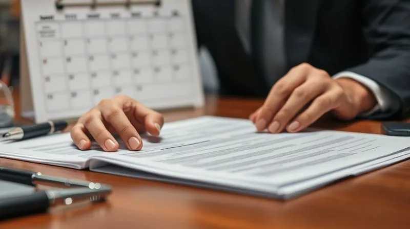 A photorealistic image of a legal professional's hands meticulously organizing documents on a desk, with a calendar marked for deadlines in the background. The scene conveys organization, preparedness, and strategic planning. Professional photography, 8K, cinematic lighting, sharp focus on the hands and documents, depth of field, shot on a high-end DSLR.
