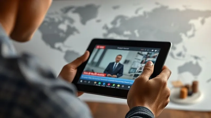 A photorealistic image of a person intently watching a news broadcast on a tablet, with a blurred background of a world map and legal documents, symbolizing global policy awareness. Professional photography, 8K, cinematic lighting, sharp focus on the tablet screen, depth of field, shot on a high-end DSLR, conveying vigilance and information gathering.