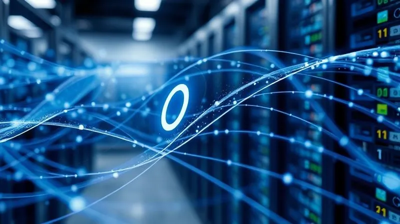A photorealistic image of a digital data stream flowing freely through a complex network of fiber optics, with a subtle '0' icon superimposed on parts of the stream, representing zero-rated data. The background shows blurred server racks. Professional photography, 8K, cinematic lighting, sharp focus, depth of field.