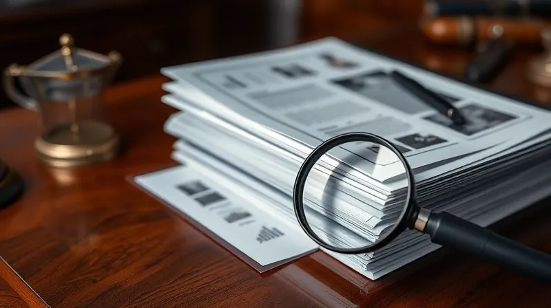 photorealistic, professional photography, 8K, cinematic lighting, sharp focus, depth of field, shot on a high-end DSLR, a stack of perfectly organized legal documents, medical charts, police reports, and photographs, meticulously arranged on a polished mahogany desk, a magnifying glass resting on a key detail, emphasizing thorough investigation and evidence collection.