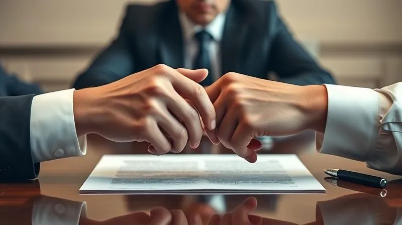 photorealistic, professional photography, 8K, cinematic lighting, sharp focus, depth of field, shot on a high-end DSLR, two hands firmly clasped across a polished conference table, representing a tense but professional negotiation, with legal documents and a pen visible, emphasizing the back-and-forth nature of settlement discussions, a determined expression on a blurred face in the background.