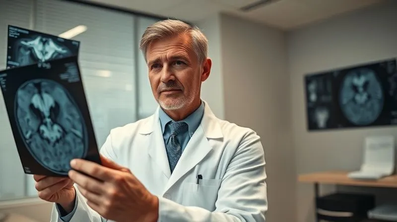 photorealistic, professional photography, 8K, cinematic lighting, sharp focus, depth of field, shot on a high-end DSLR, a distinguished medical expert in a lab coat, reviewing an MRI scan with a focused expression, in a modern, well-lit medical office, legal documents subtly visible in the background, symbolizing the integration of medical expertise into legal strategy.