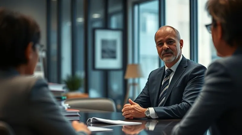 photorealistic, professional photography, 8K, cinematic lighting, sharp focus, depth of field, shot on a high-end DSLR, a confident and empathetic personal injury attorney in a sharp suit, actively listening to a client in a modern, well-appointed office, a stack of case files visible, symbolizing professional support and expertise, soft, reassuring light.