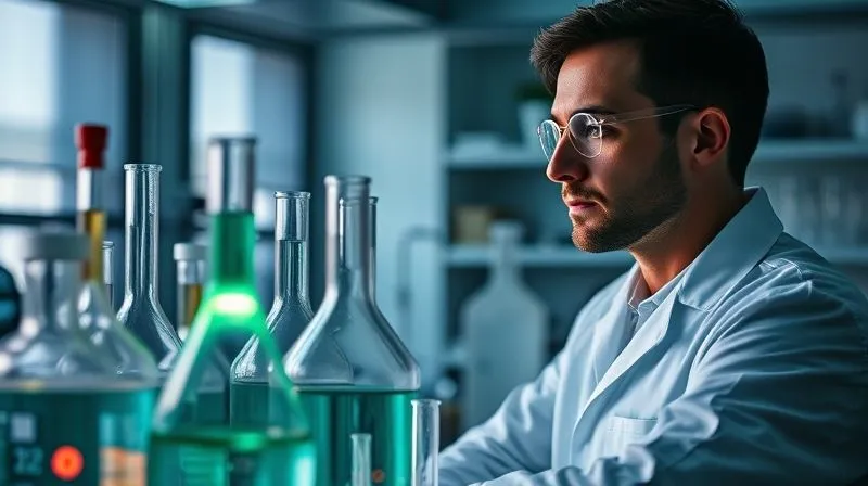 A photorealistic, professional photography, 8K, cinematic lighting, sharp focus, depth of field, shot on a high-end DSLR, showing a laboratory setting with beakers and test tubes, one glowing with a subtle green light, symbolizing innovative, eco-friendly chemical alternatives. A scientist in a lab coat is carefully observing, reflecting focused research and development.