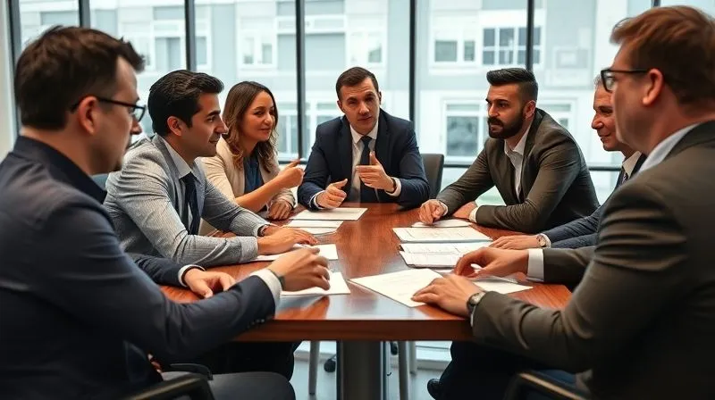 A photorealistic, professional photography, 8K, cinematic lighting, sharp focus, depth of field, shot on a high-end DSLR, showing a diverse group of industry professionals and regulatory representatives seated around a modern conference table, engaged in a constructive dialogue. Hands are gesturing, and documents are spread, symbolizing collaboration and discussion on complex environmental issues.