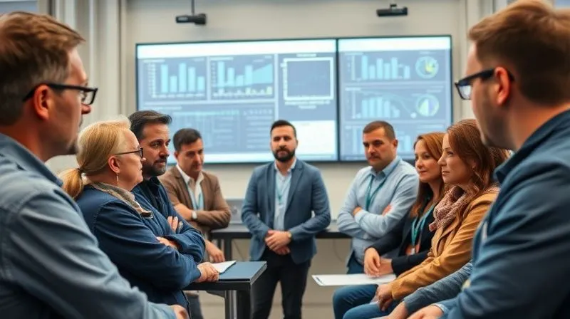 A photorealistic, professional photography, 8K, cinematic lighting, sharp focus, depth of field, shot on a high-end DSLR, showing a diverse team of manufacturing professionals in a modern training room, intently focused on a presenter discussing environmental regulations. The atmosphere is collaborative and serious, with digital screens displaying complex data, symbolizing continuous learning and adaptation.