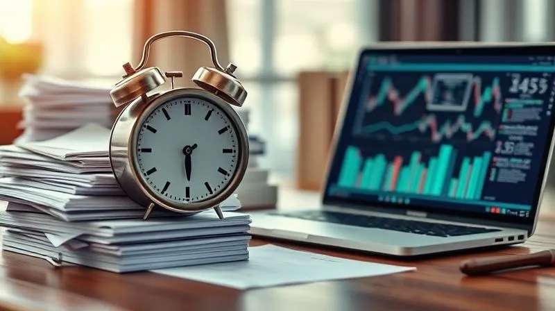 A photorealistic image showing a digital clock rapidly counting down, overlaid on a blurred background of stacks of physical legal documents and a modern laptop displaying complex data, symbolizing the conflict between traditional processes and urgent deadlines. Cinematic lighting, sharp focus on the clock and documents, depth of field, 8K, professional photography.