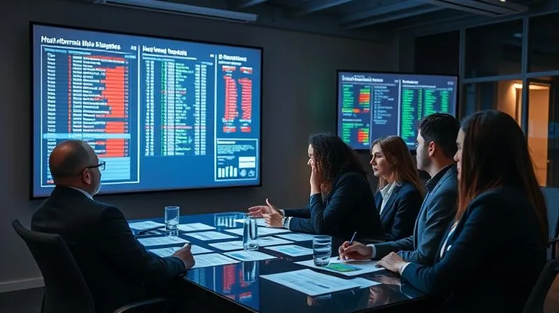 A photorealistic image of a diverse, focused M&A legal team in a modern war room, strategically organizing digital documents on large touchscreens, with a detailed, color-coded information request list projected on a wall. The atmosphere is intense but organized, reflecting collaborative planning. Cinematic lighting, sharp focus on the team and data, depth of field, 8K, professional photography.