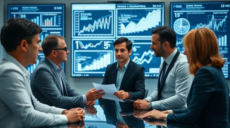 A photorealistic image of a diverse group of M&A experts (legal, financial, tech specialists) in a modern conference room, intensely discussing findings. They are surrounded by digital screens displaying complex charts and legal documents, emphasizing multi-disciplinary collaboration. Cinematic lighting, sharp focus on their interaction, depth of field, 8K, professional photography.