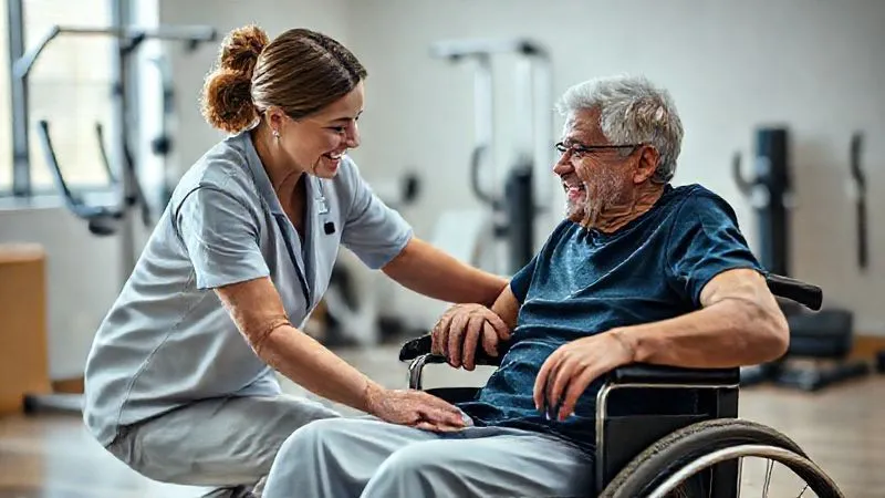 Photorealistic, professional photography, 8K, cinematic lighting, sharp focus, depth of field, shot on a high-end DSLR. A compassionate physical therapist assisting a patient in a wheelchair during a rehabilitation session, with specialized exercise equipment in the background. The lighting is soft and encouraging, focusing on the human interaction and the effort of recovery.