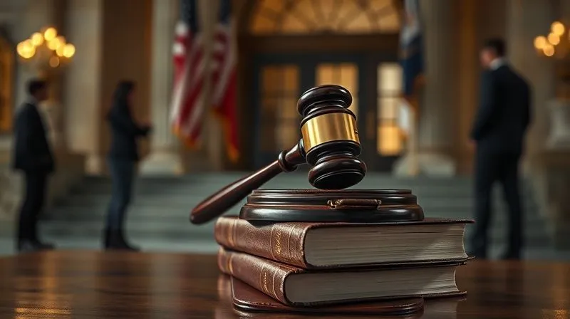 photorealistic, professional photography, 8K, cinematic lighting, sharp focus, depth of field, shot on a high-end DSLR. A legal gavel resting on a stack of worn, leather-bound law books. In the background, slightly out of focus, are silhouettes of people standing near a courthouse entrance, with a hint of a state flag or official building facade. The lighting is dramatic, casting long shadows, emphasizing the weight and formality of the legal system and its impact on individuals.