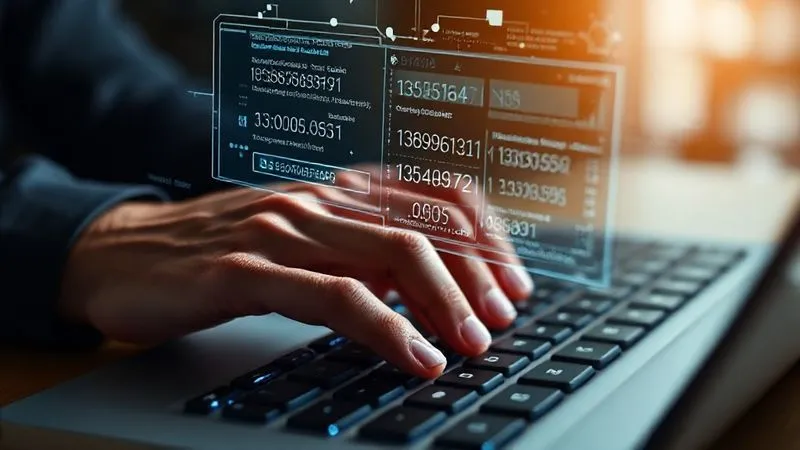 A photorealistic image showing a person's hands typing on a keyboard, with a holographic display above showing intricate blockchain transaction data and wallet addresses, illustrating digital asset tracing. Professional photography, 8K, cinematic lighting, sharp focus on hands and display, depth of field blurring the background. Shot on a high-end DSLR.