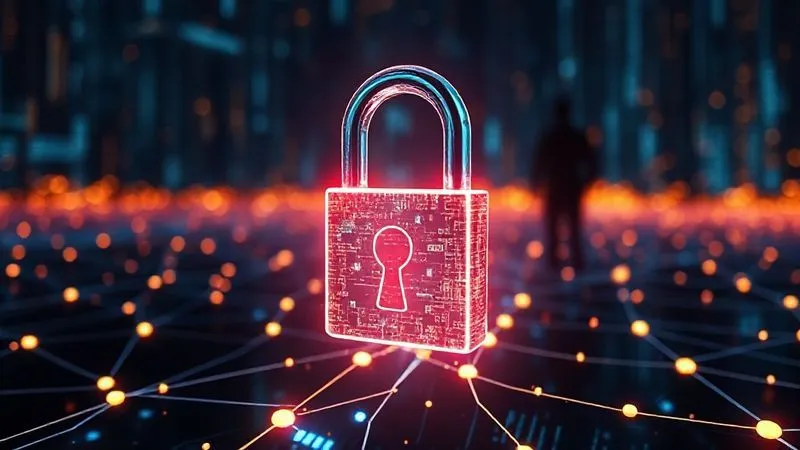 A photorealistic image of a digital padlock on a glowing blockchain network, surrounded by abstract data streams and a shadowy figure in the background, symbolizing the complex cybersecurity challenges and risks associated with securing digital assets in bankruptcy. Professional photography, 8K, cinematic lighting, sharp focus on the padlock, depth of field blurring the background. Shot on a high-end DSLR.